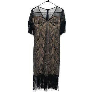 Gatsby Beaded Fringe Midi Dress L Black Nude Art Deco‎ Flapper Glam Cocktail